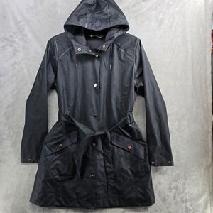 Helly Hansen Womens Black Hooded‎ Raincoat Belted Waterproof Jacket Large